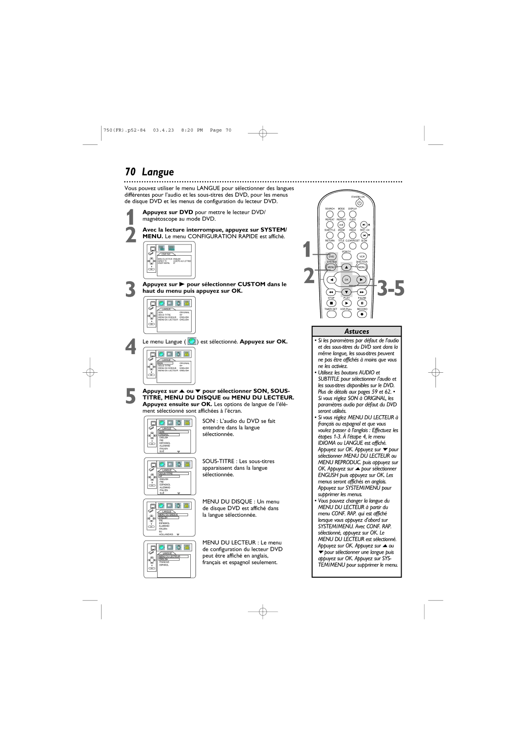 Philips DVD750VR owner manual Le menu Langue, Ne les activiez, Seront utilisés, Supprimer les menus 