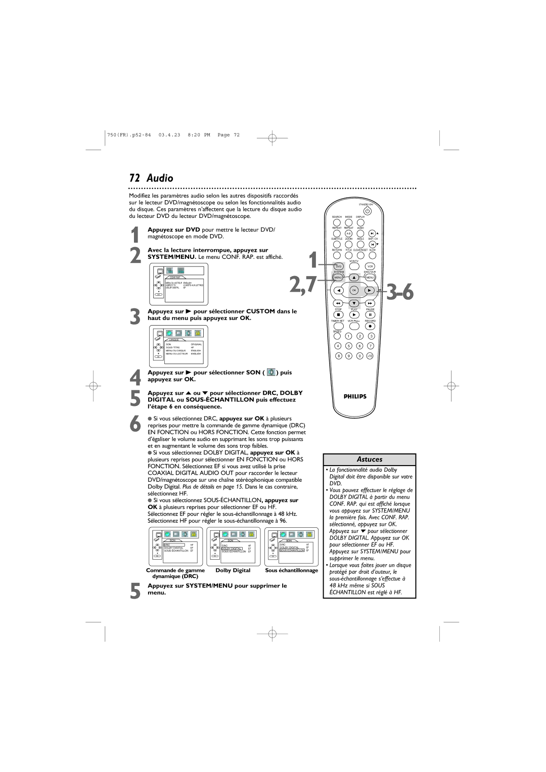 Philips DVD750VR owner manual Avec la lecture interrompue, appuyez sur, Appuyez sur B pour sélectionner Custom dans le 