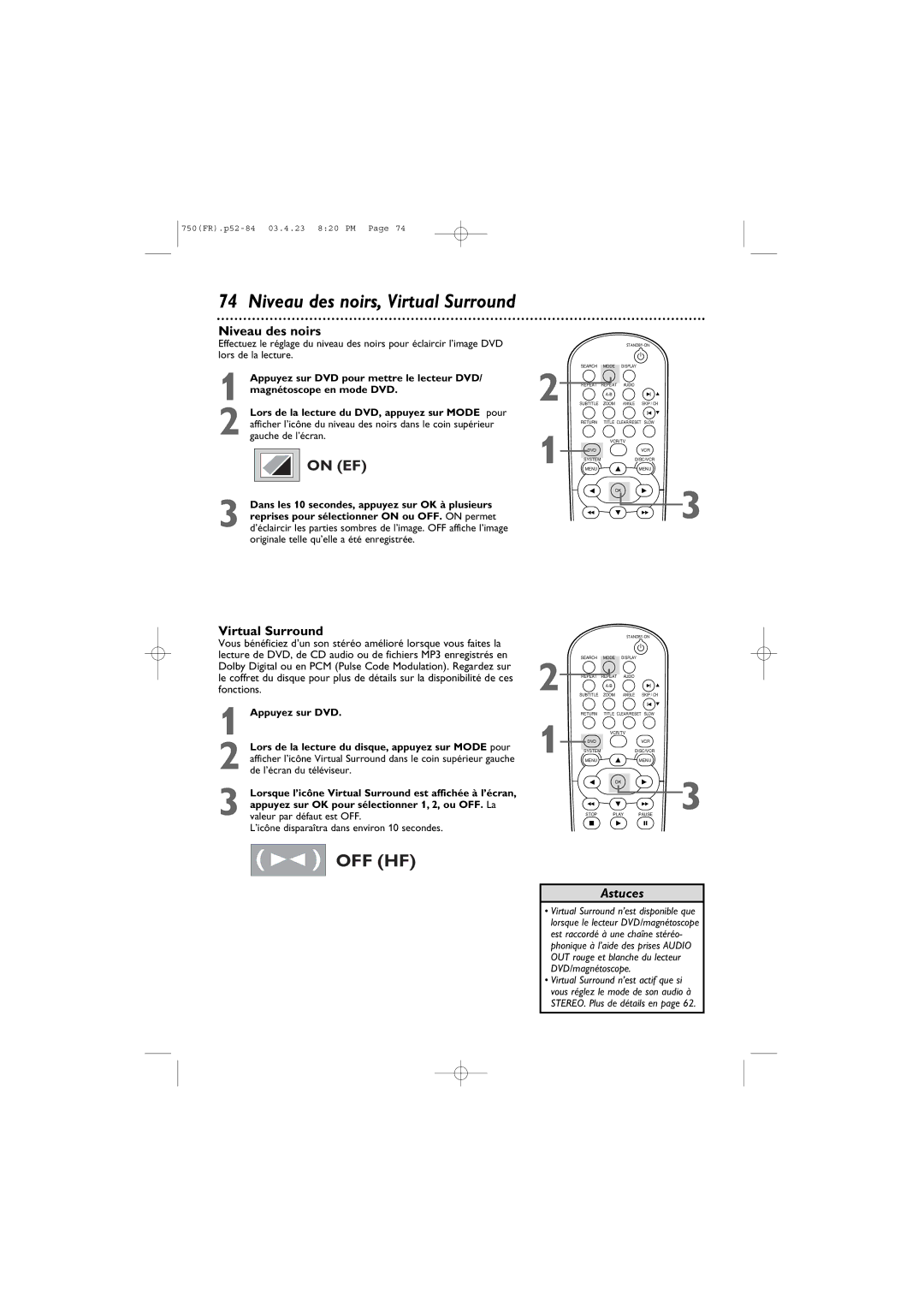 Philips DVD750VR owner manual Niveau des noirs, Virtual Surround, ’icône disparaîtra dans environ 10 secondes 