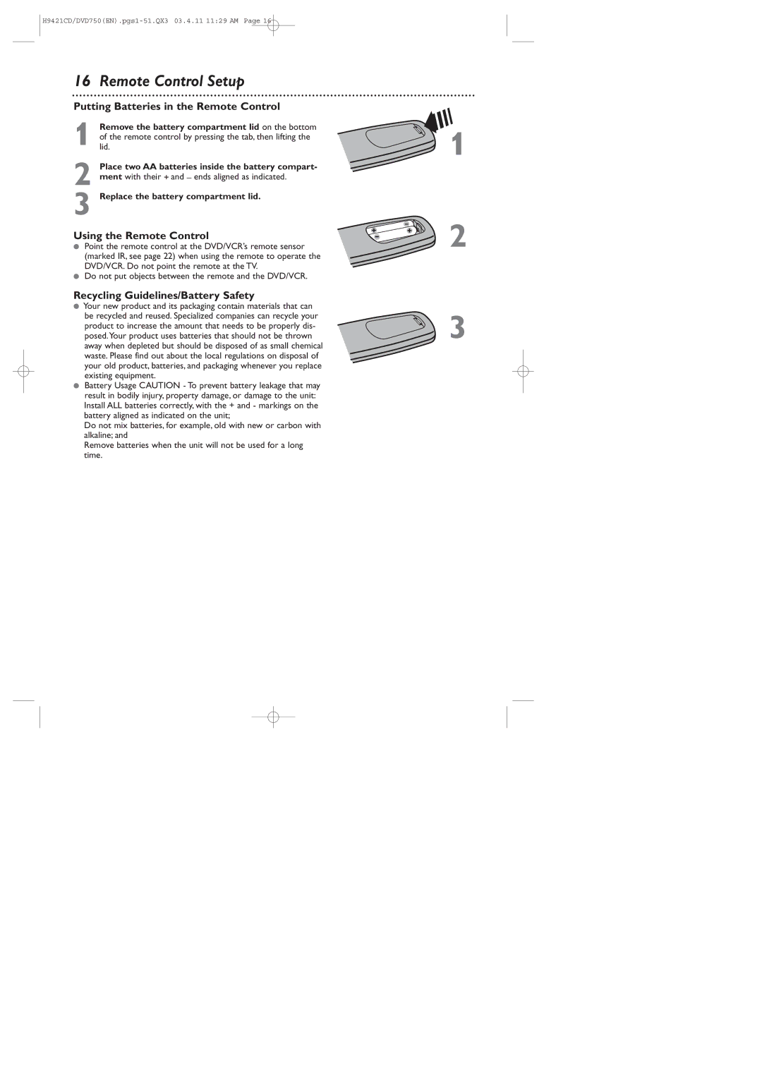 Philips DVD750VR owner manual Remote Control Setup, Putting Batteries in the Remote Control, Using the Remote Control 