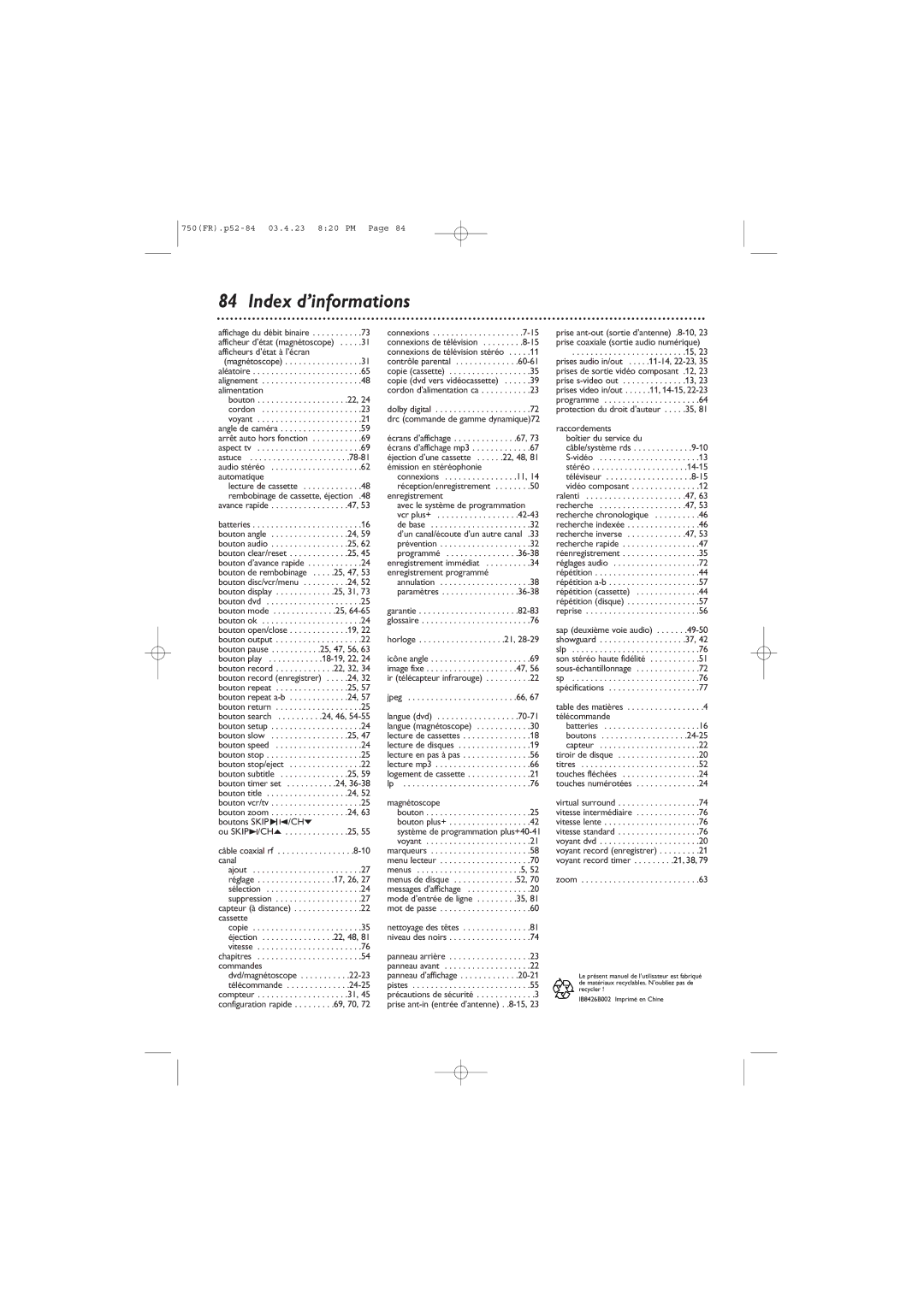 Philips DVD750VR owner manual Index d’informations, Automatique 