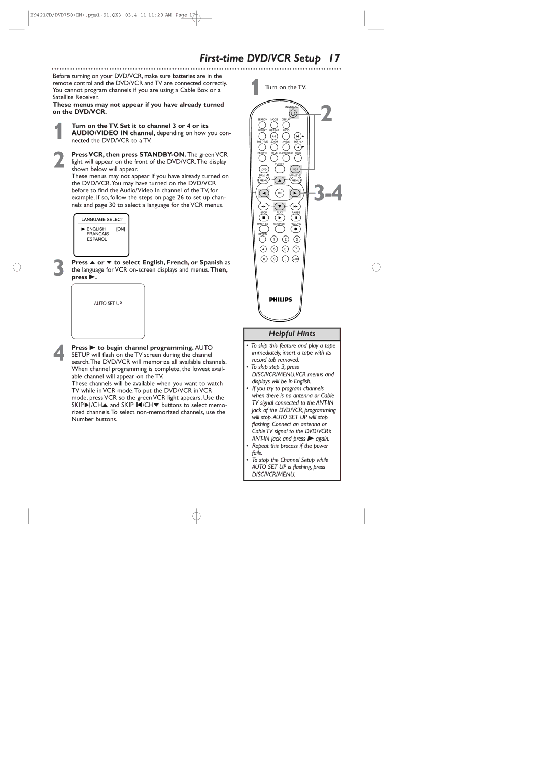 Philips DVD750VR owner manual First-time DVD/VCR Setup, Turn on the TV, Repeat this process if the power fails 