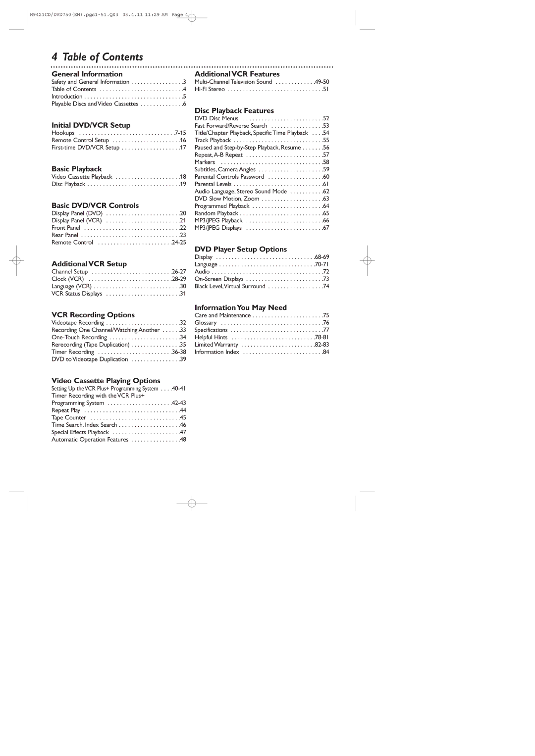 Philips DVD750VR owner manual Table of Contents 