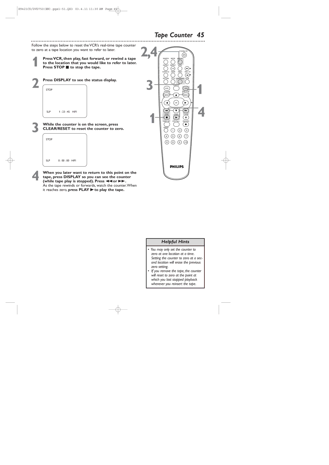 Philips DVD750VR owner manual Tape Counter 