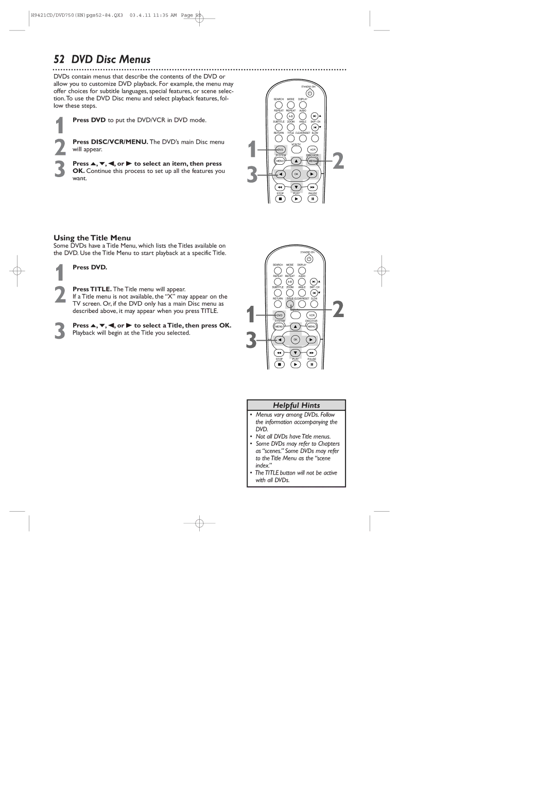 Philips DVD750VR owner manual DVD Disc Menus, Using the Title Menu, Press TITLE. The Title menu will appear 