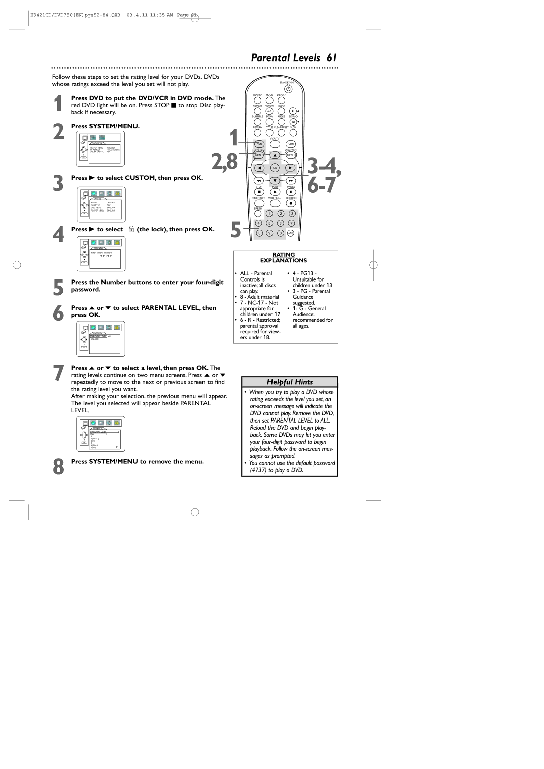 Philips DVD750VR owner manual Parental Levels, Press DVD to put the DVD/VCR in DVD mode, Password 