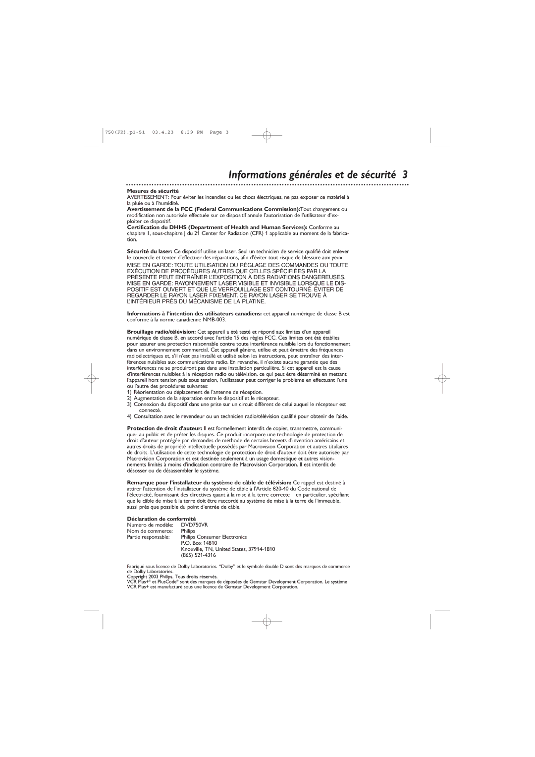Philips DVD750VR owner manual Informations générales et de sécurité, Philips Consumer Electronics, Box, 865 