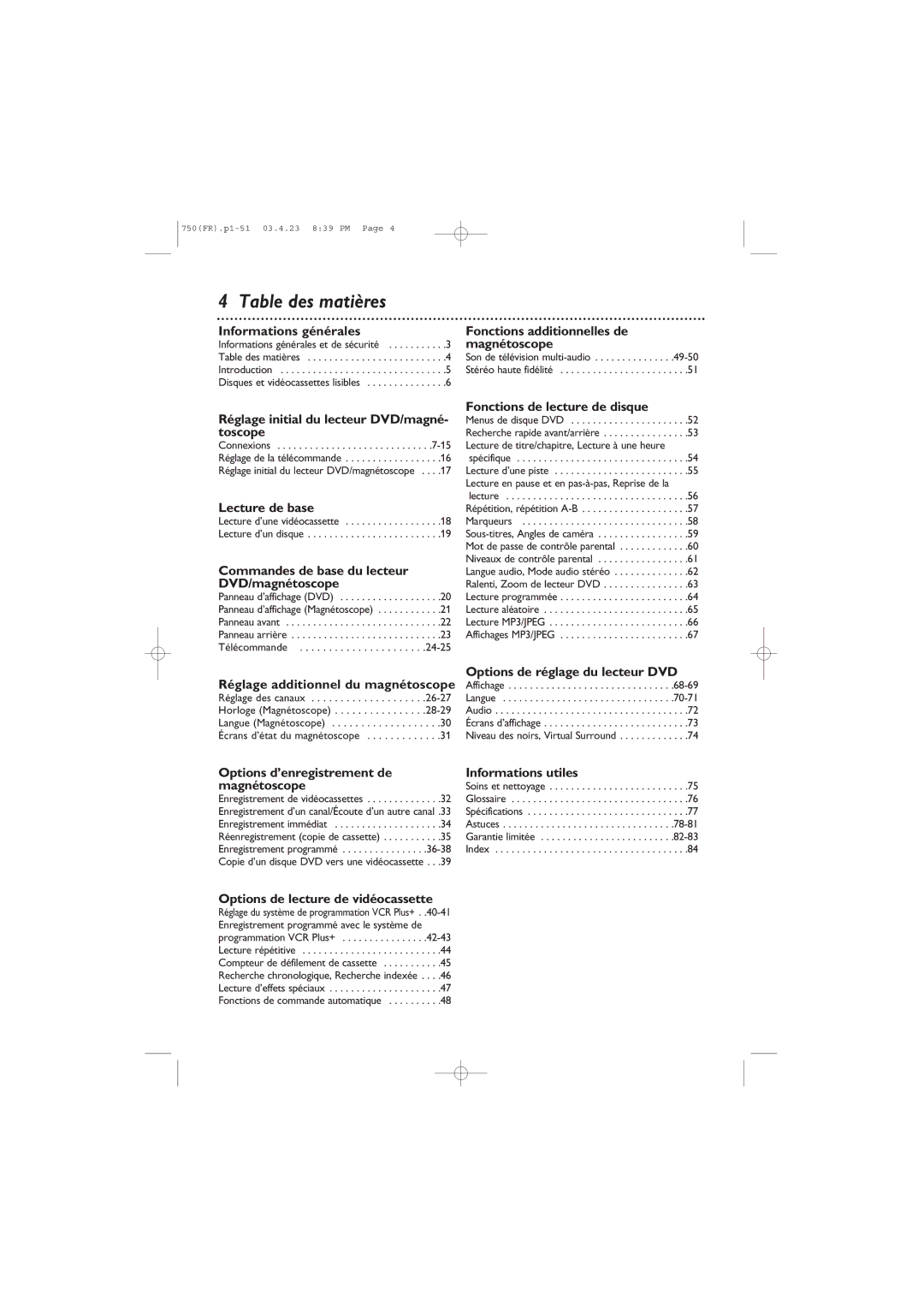 Philips DVD750VR owner manual Table des matières 