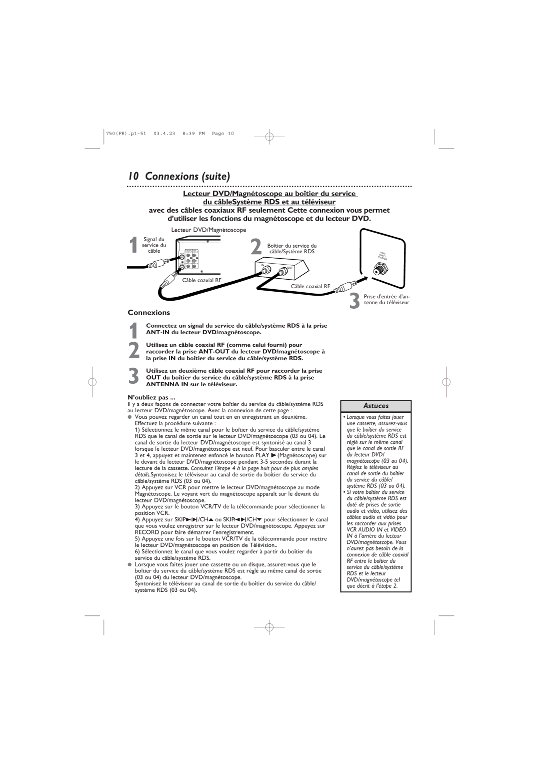 Philips DVD750VR owner manual Câble coaxial RF, Connexions suite 