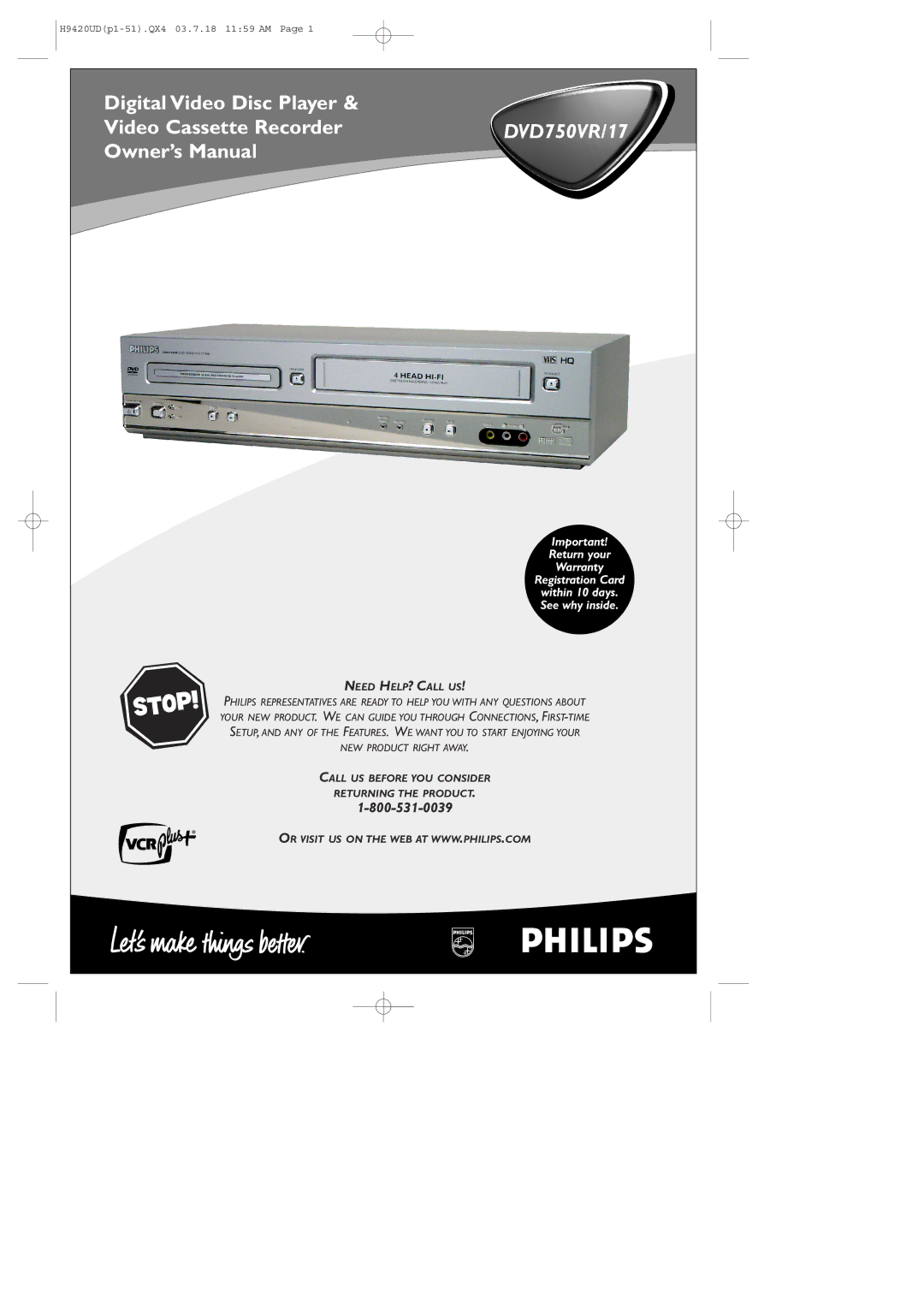 Philips DVD750VR/17 owner manual Digital Video Disc Player Video Cassette Recorder 