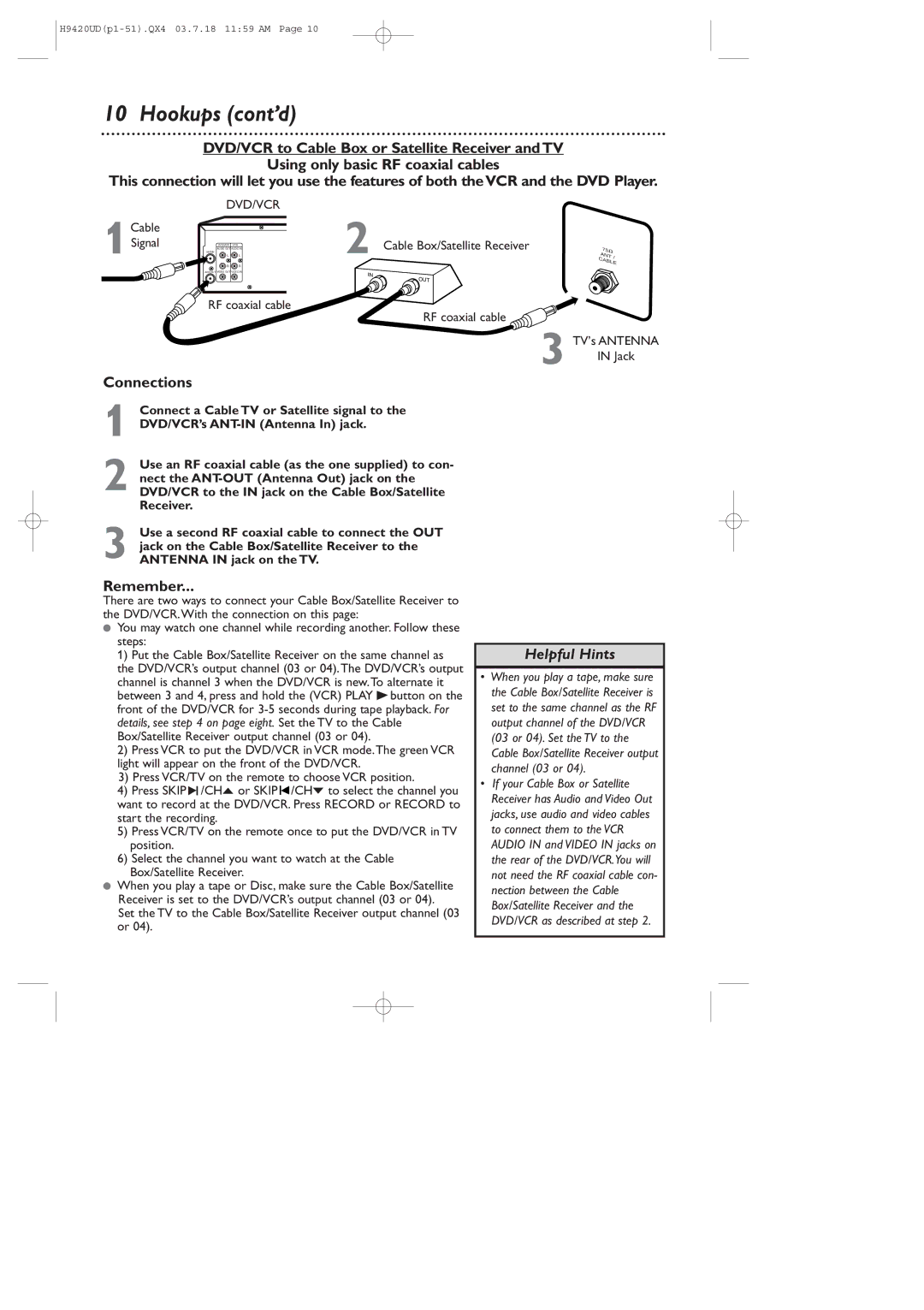 Philips DVD750VR/17 owner manual CableAUDIOBox/SatelliteOUT, RF coaxial cable RF coaxial cable 