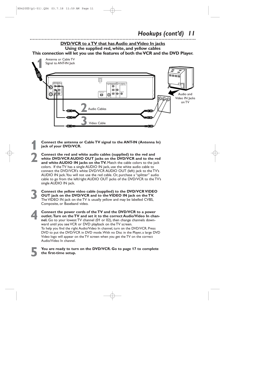 Philips DVD750VR/17 owner manual Video in Jacks On TV 2Audio Cables 3Video Cable 