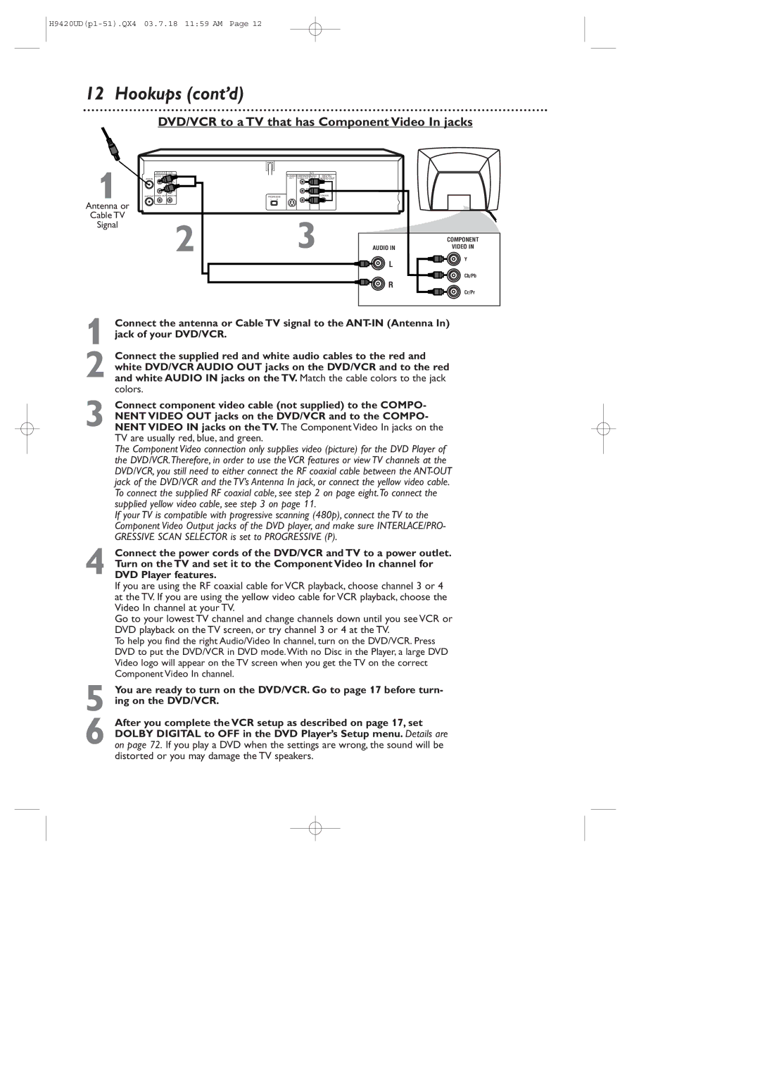 Philips DVD750VR/17 owner manual DVD/VCR to a TV that has Component Video In jacks 