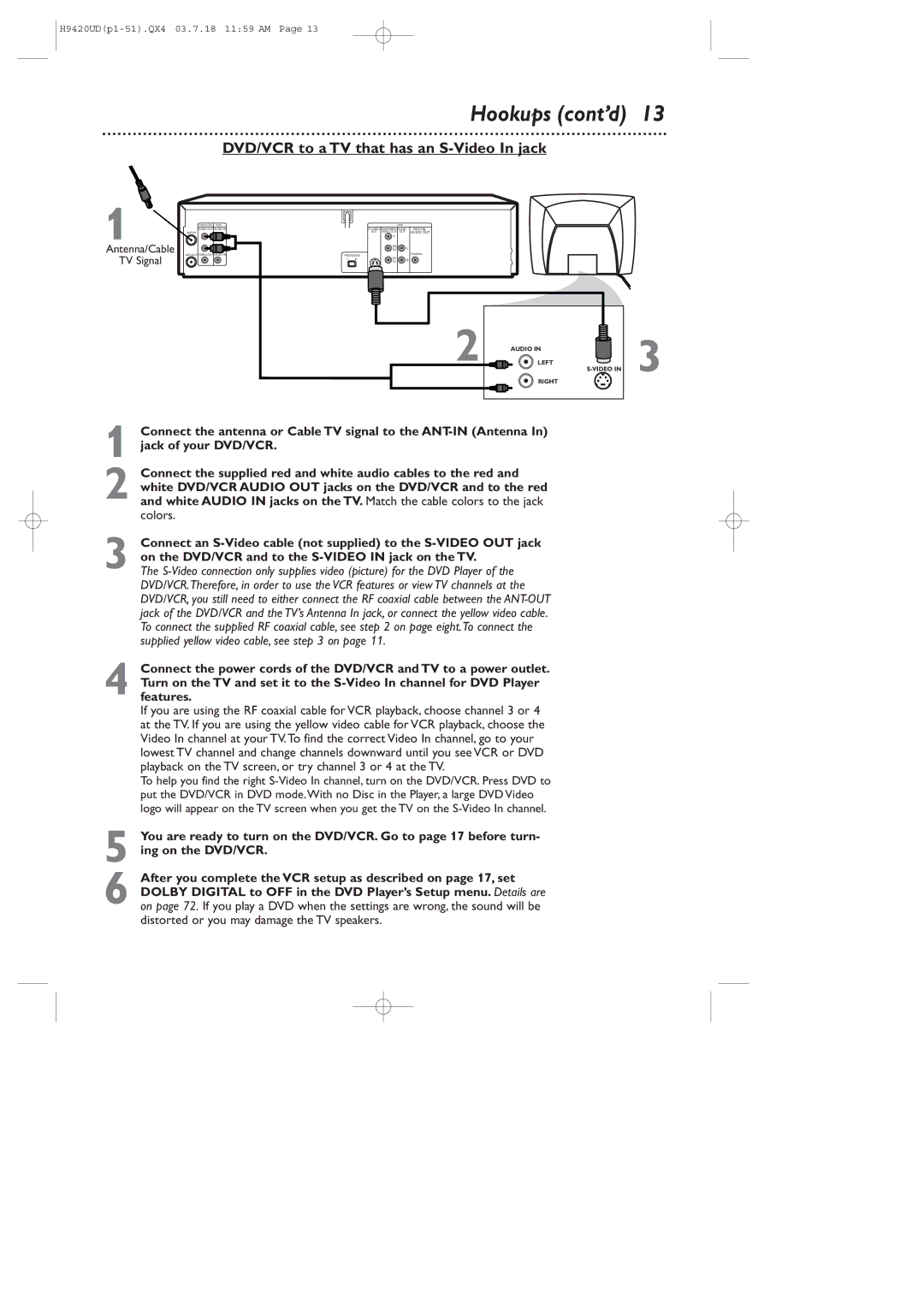 Philips DVD750VR/17 owner manual DVD/VCR to a TV that has an S-Video In jack, Antenna/Cable TV Signal 