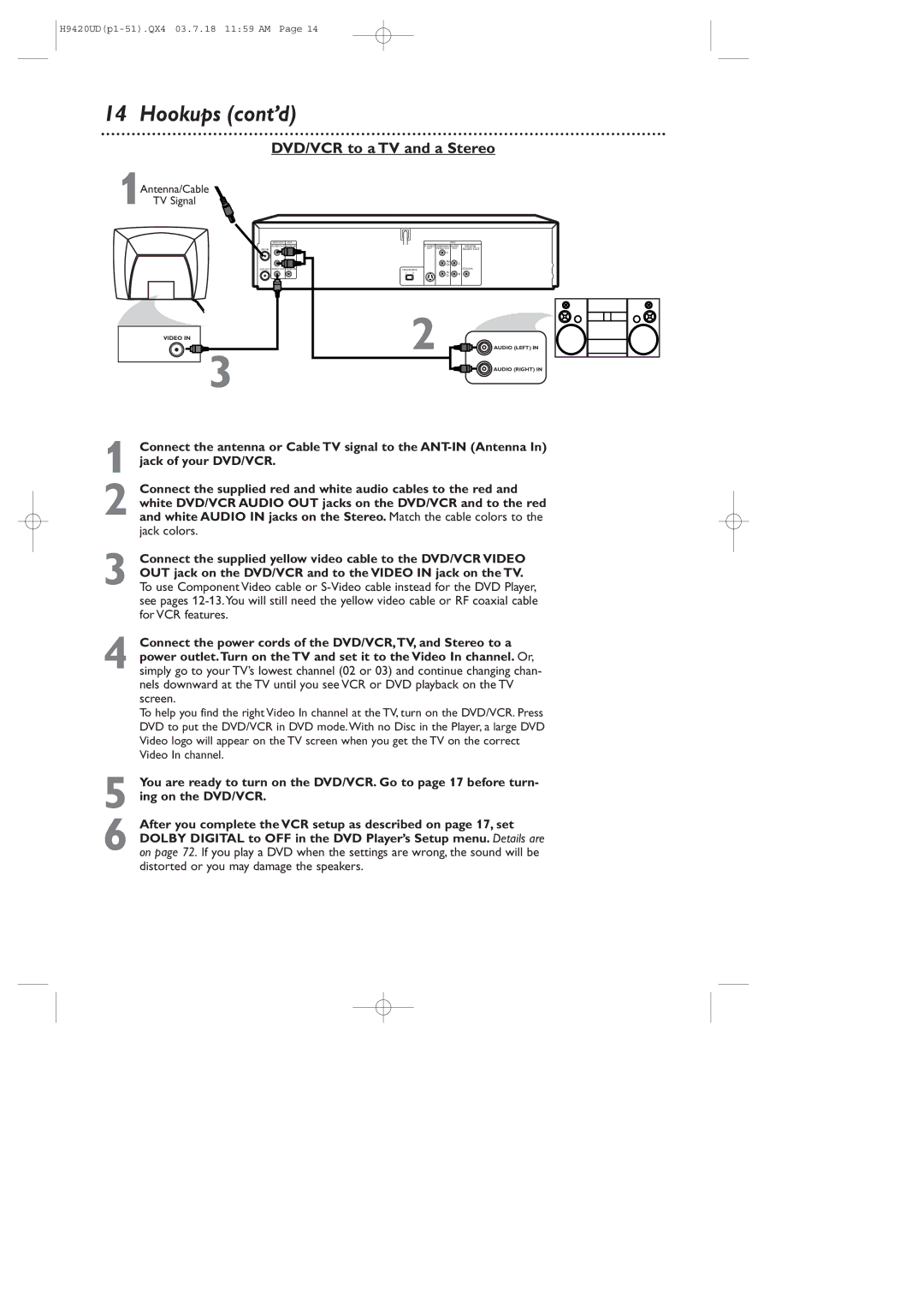 Philips DVD750VR/17 owner manual DVD/VCR to a TV and a Stereo, 1Antenna/Cable TV Signal 