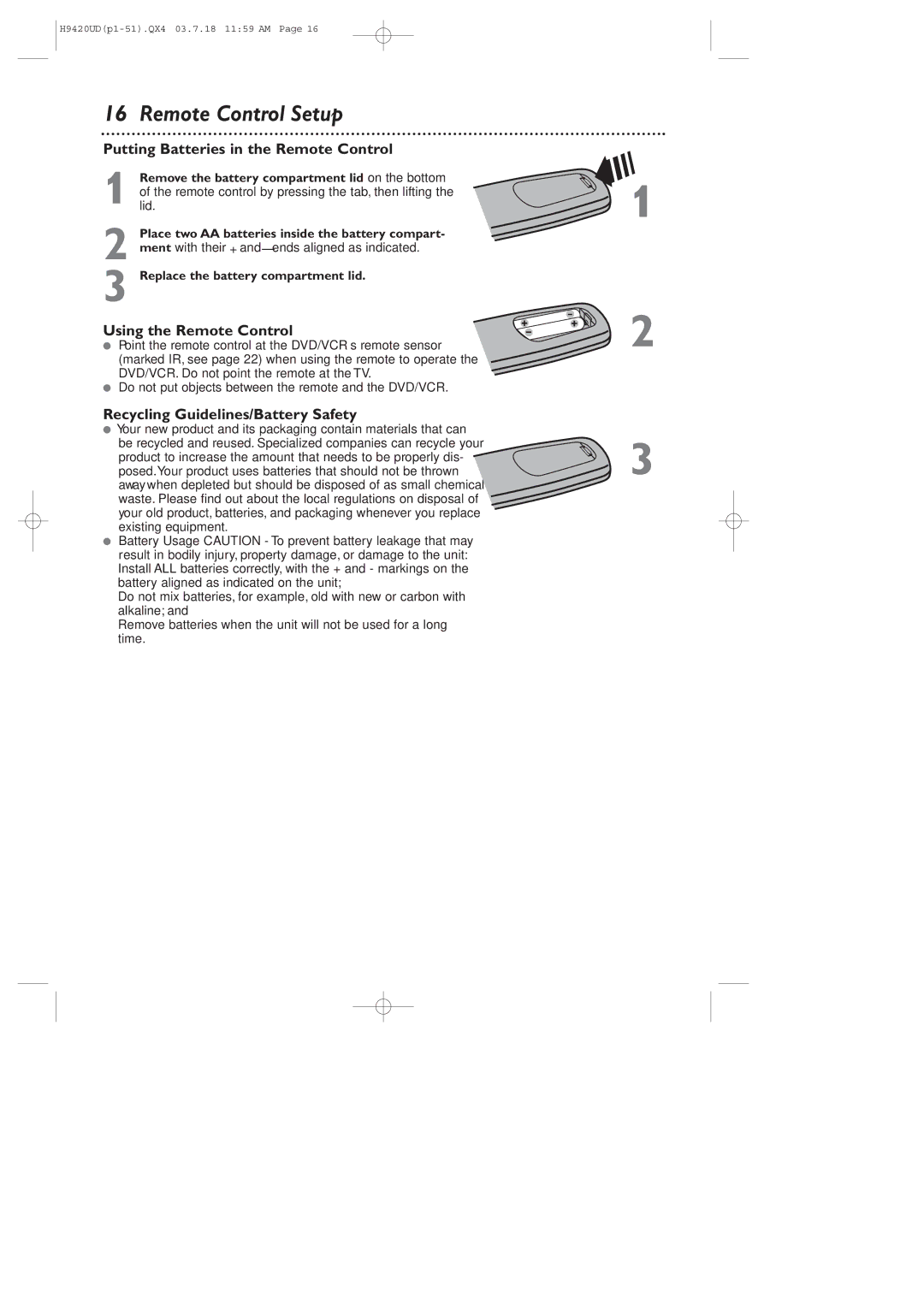 Philips DVD750VR/17 owner manual Remote Control Setup, Putting Batteries in the Remote Control, Using the Remote Control 