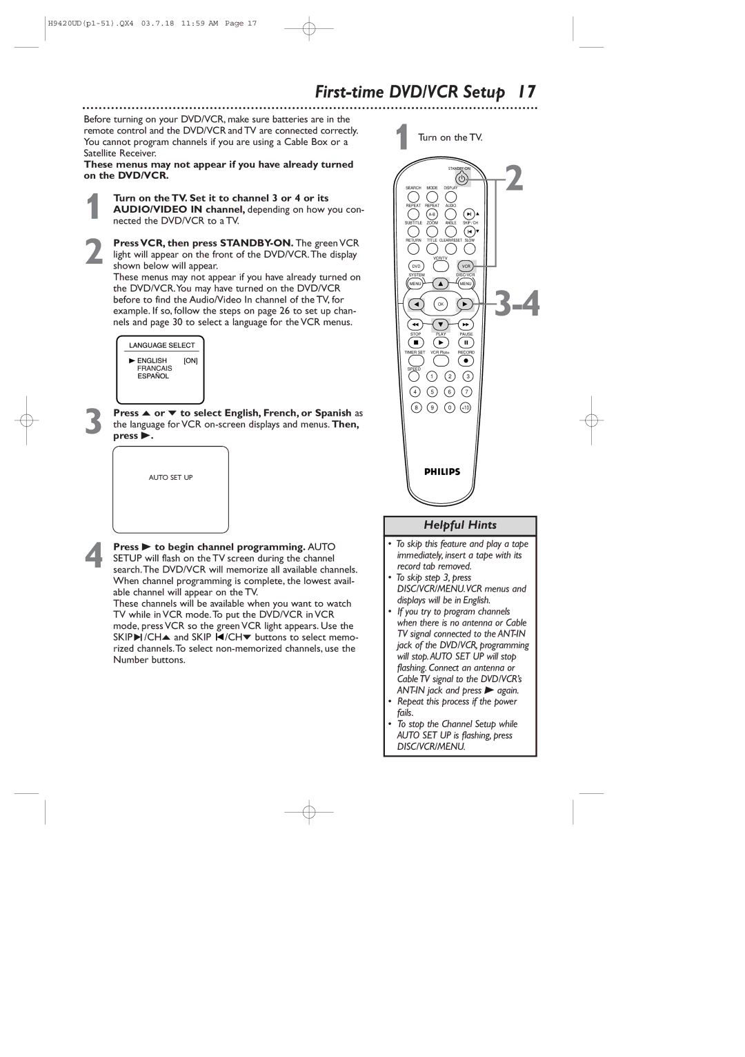 Philips DVD750VR/17 owner manual First-time DVD/VCR Setup, Turn on the TV, Repeat this process if the power fails 