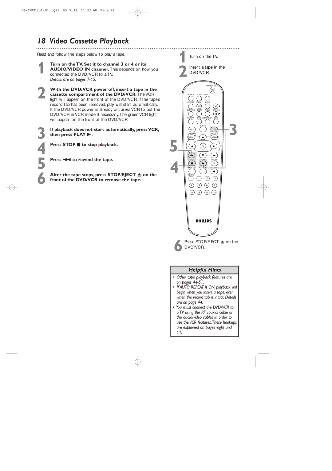 Philips DVD750VR/17 Video Cassette Playback, Read and follow the steps below to play a tape, Details are on pages 