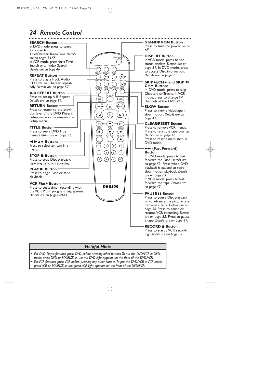 Philips DVD750VR/17 owner manual Remote Control 