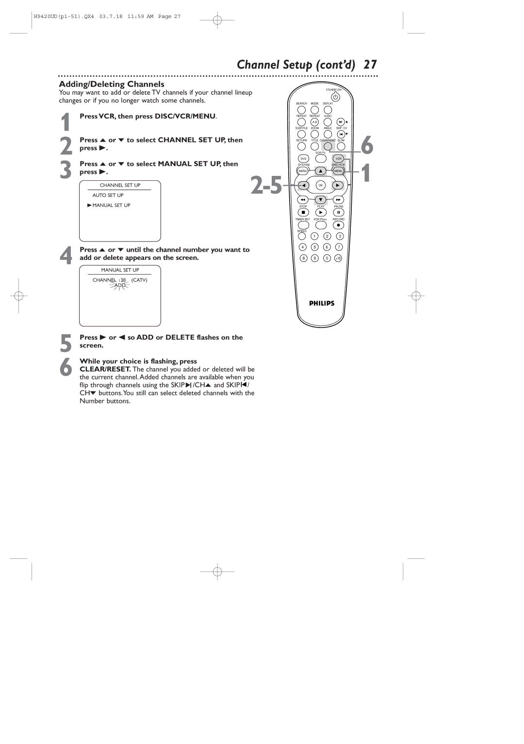 Philips DVD750VR/17 owner manual Channel Setup cont’d, Adding/Deleting Channels 