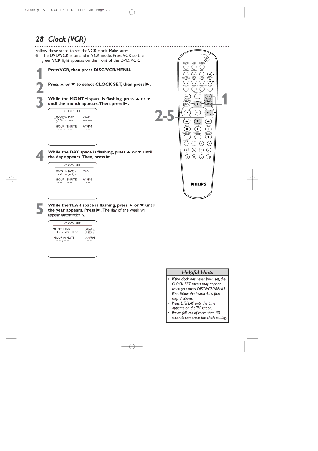 Philips DVD750VR/17 owner manual Clock VCR, Follow these steps to set the VCR clock. Make sure 