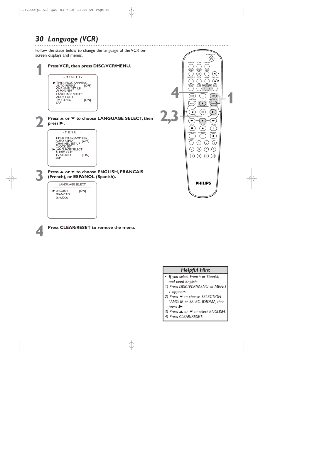 Philips DVD750VR/17 owner manual Language VCR 