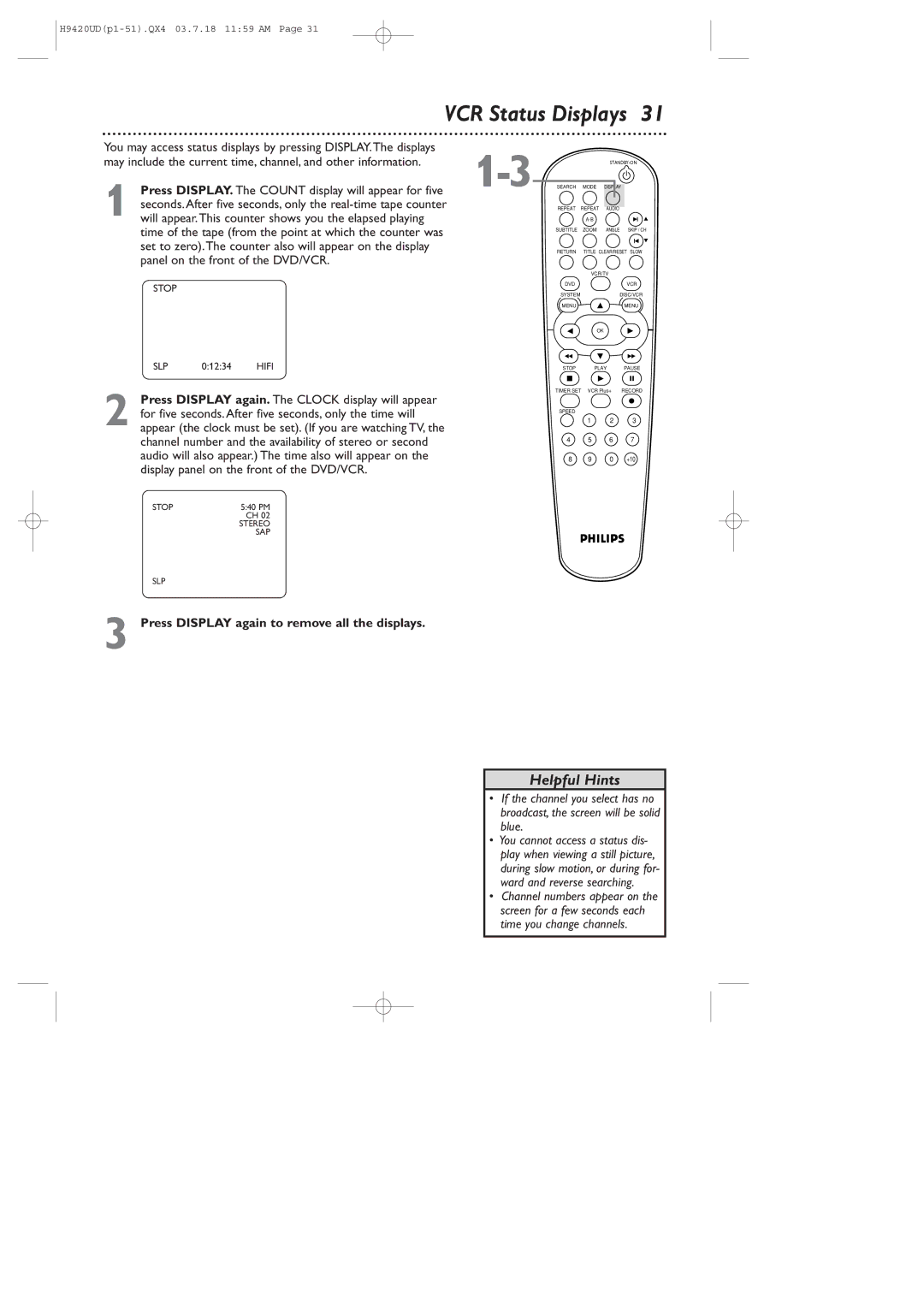 Philips DVD750VR/17 owner manual Press Display again to remove all the displays 