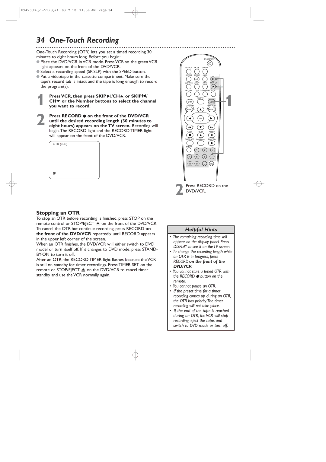 Philips DVD750VR/17 owner manual One-Touch Recording, Stopping an OTR 