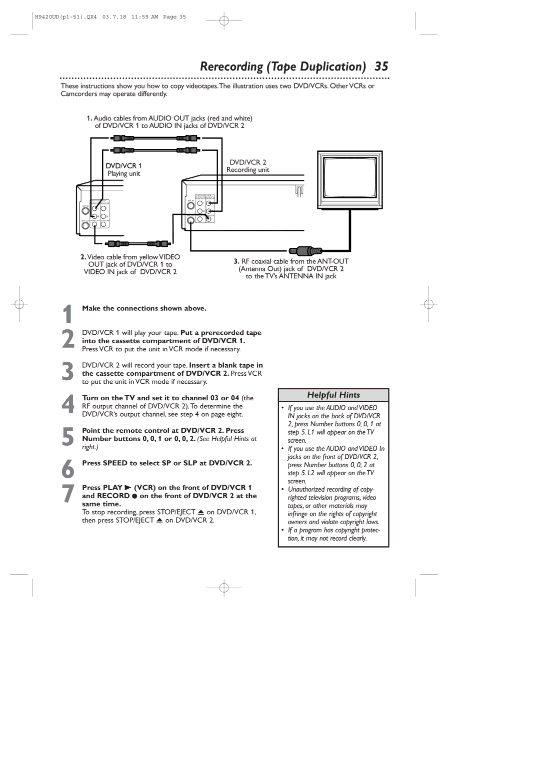 Philips DVD750VR/17 owner manual Rerecording Tape Duplication, Make the connections shown above 