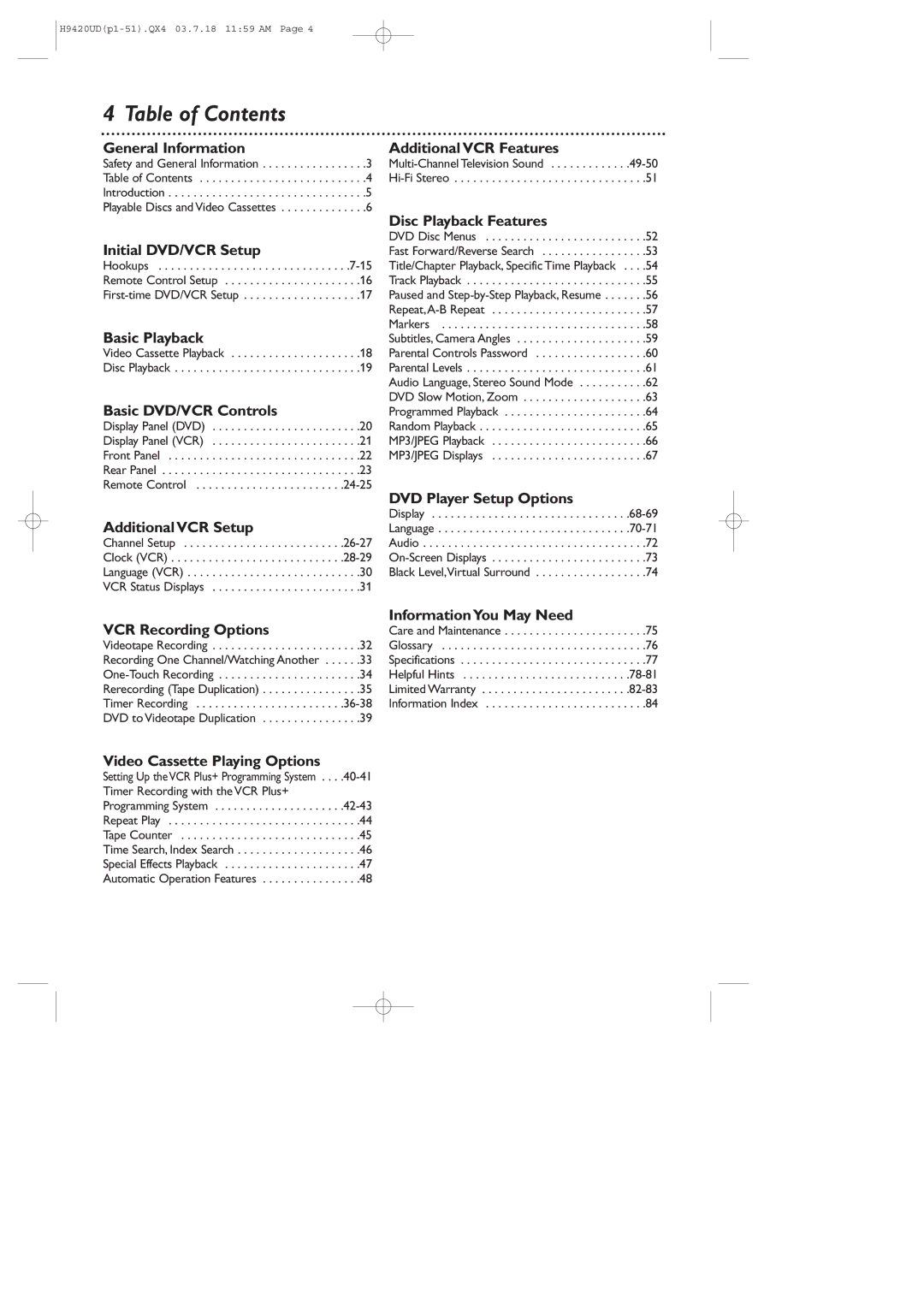 Philips DVD750VR/17 owner manual Table of Contents 