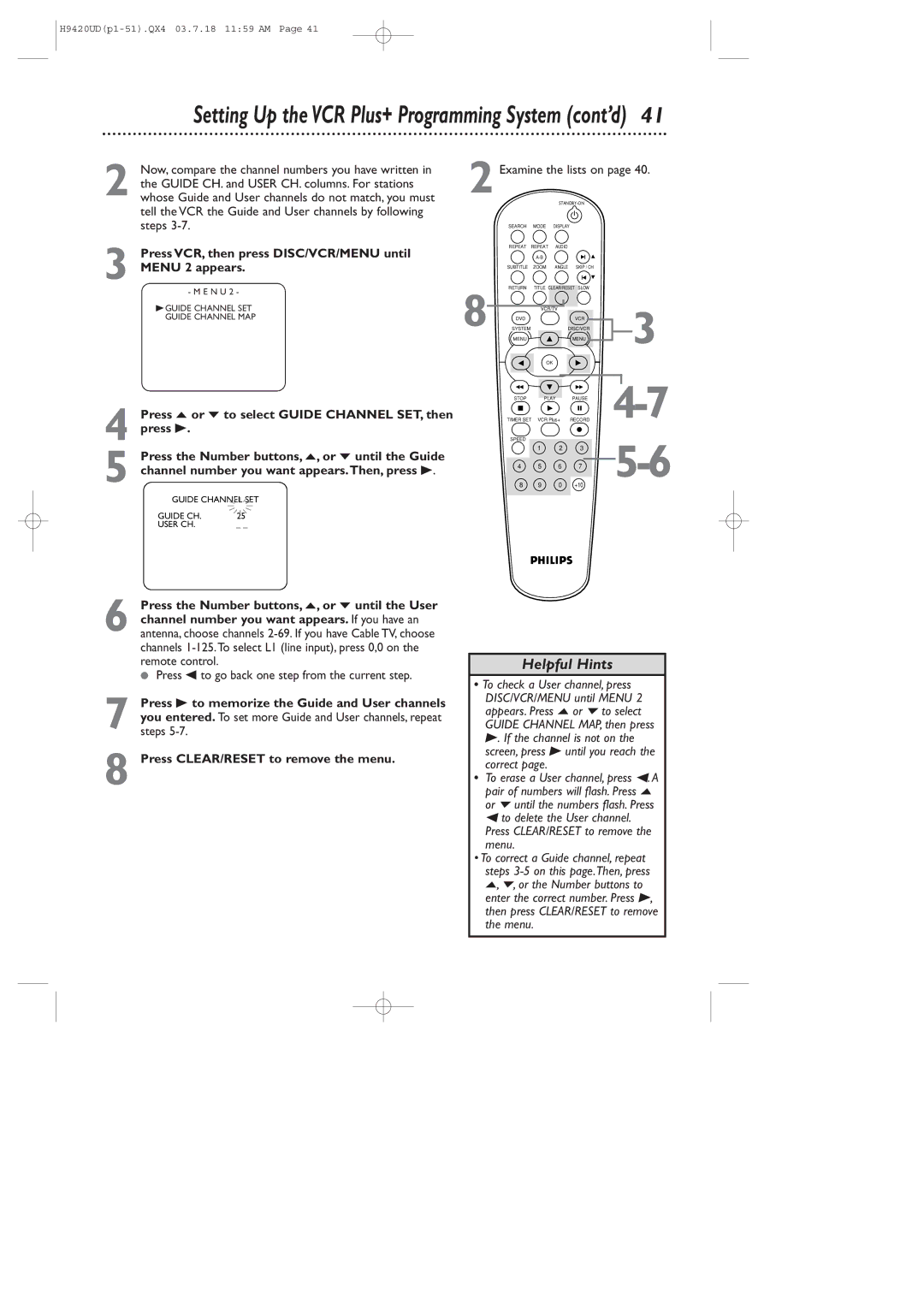 Philips DVD750VR/17 owner manual Press VCR, then press DISC/VCR/MENU until Menu 2 appears, Examine the lists on 