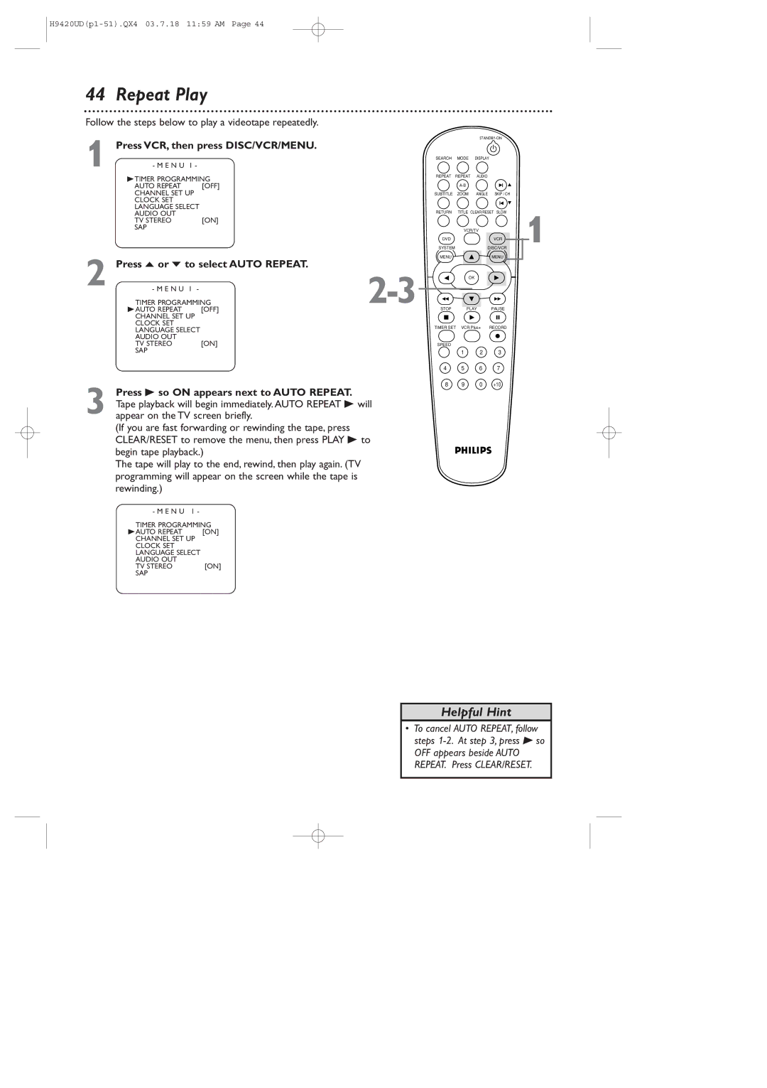 Philips DVD750VR/17 owner manual Repeat Play, Press o or p to select Auto Repeat, Press B so on appears next to Auto Repeat 