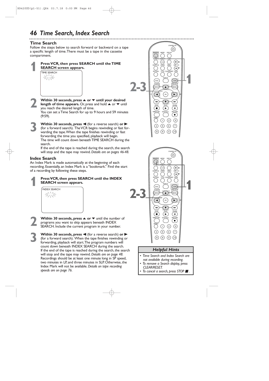 Philips DVD750VR/17 Time Search, Index Search, Press VCR, then press Search until the Time, Search screen appears 