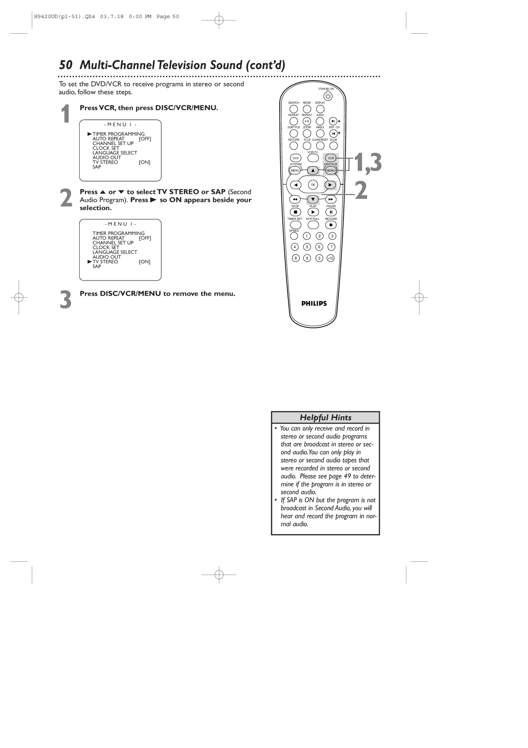 Philips DVD750VR/17 owner manual Multi-Channel Television Sound cont’d, Press DISC/VCR/MENU to remove the menu 