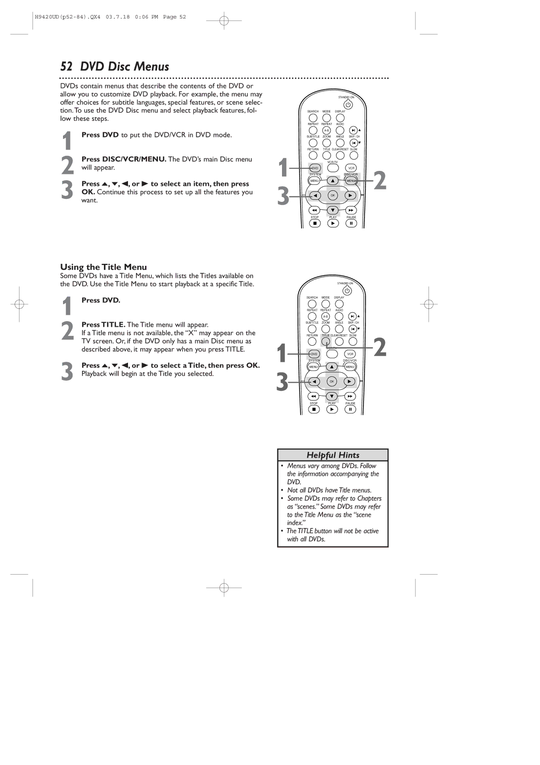 Philips DVD750VR/17 owner manual DVD Disc Menus, Using the Title Menu, Press TITLE. The Title menu will appear 