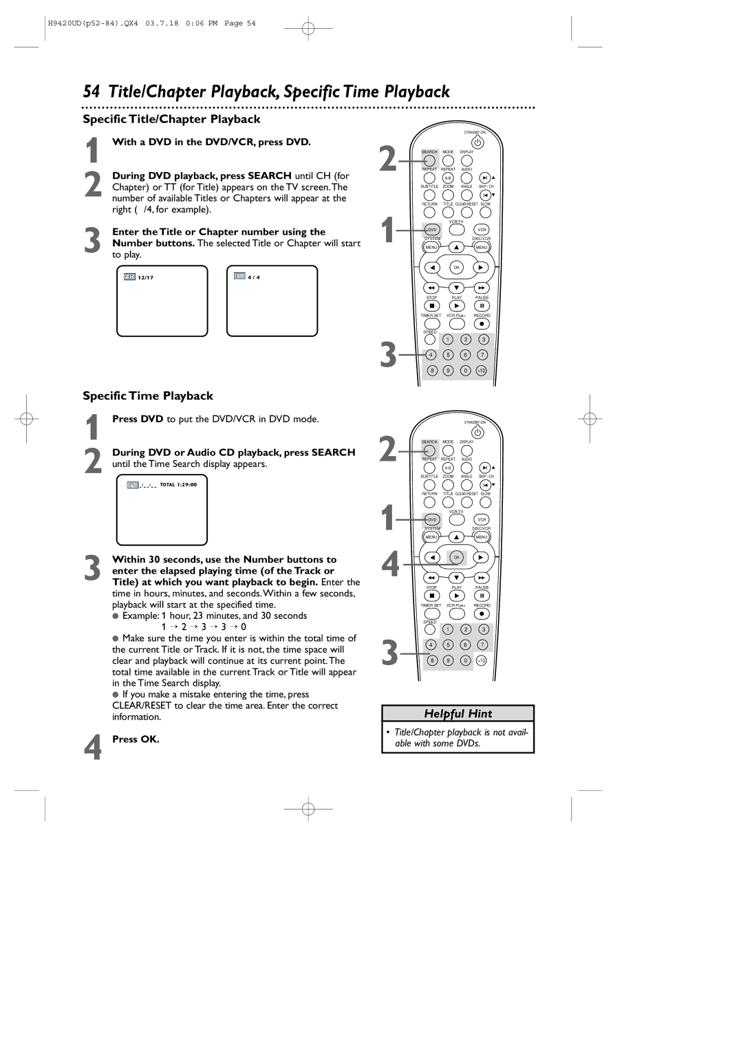 Philips DVD750VR/17 owner manual Title/Chapter Playback, Specific Time Playback, Specific Title/Chapter Playback, Press OK 