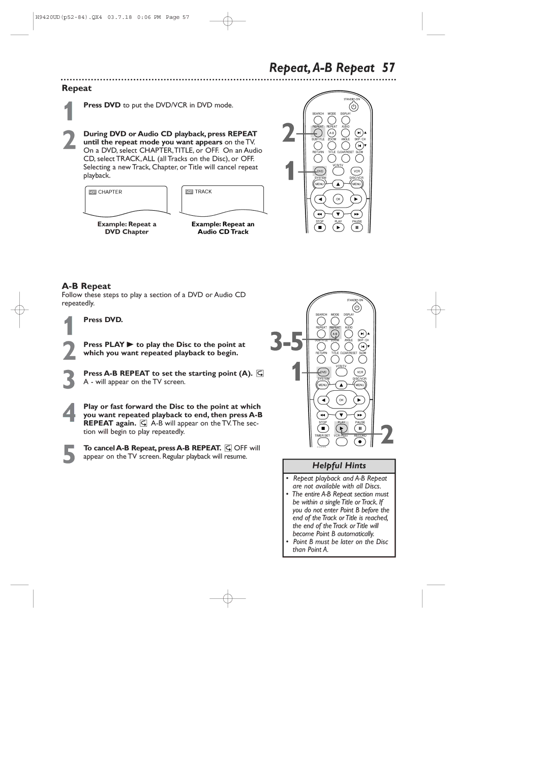 Philips DVD750VR/17 owner manual Repeat,A-B Repeat, Play or fast forward the Disc to the point at which, Repeat again 