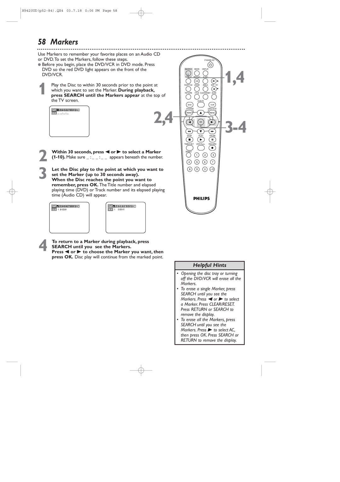 Philips DVD750VR/17 owner manual Markers, Within 30 seconds, press s or B to select a Marker 