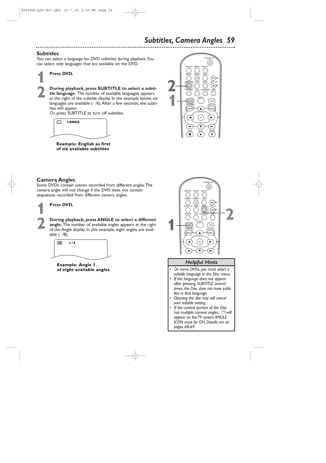 Philips DVD750VR/17 owner manual Subtitles, Camera Angles, Press DVD, During playback, press Angle to select a different 