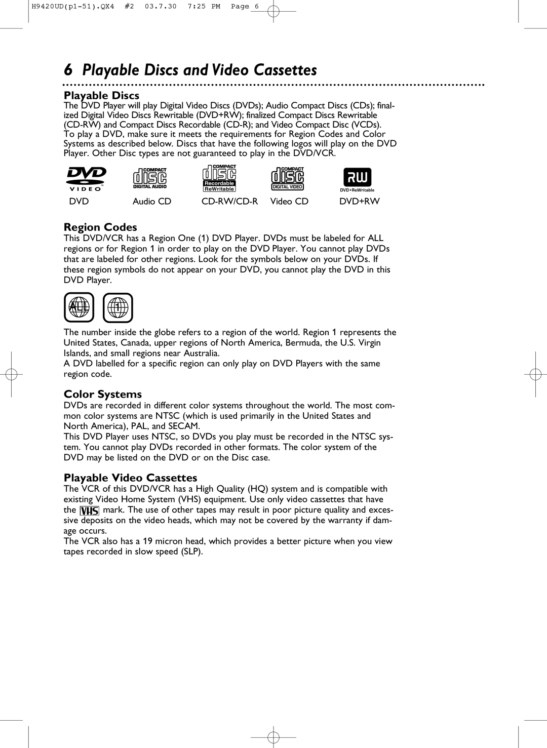 Philips DVD750VR/17 owner manual Playable Discs and Video Cassettes, Region Codes, Color Systems, Playable Video Cassettes 