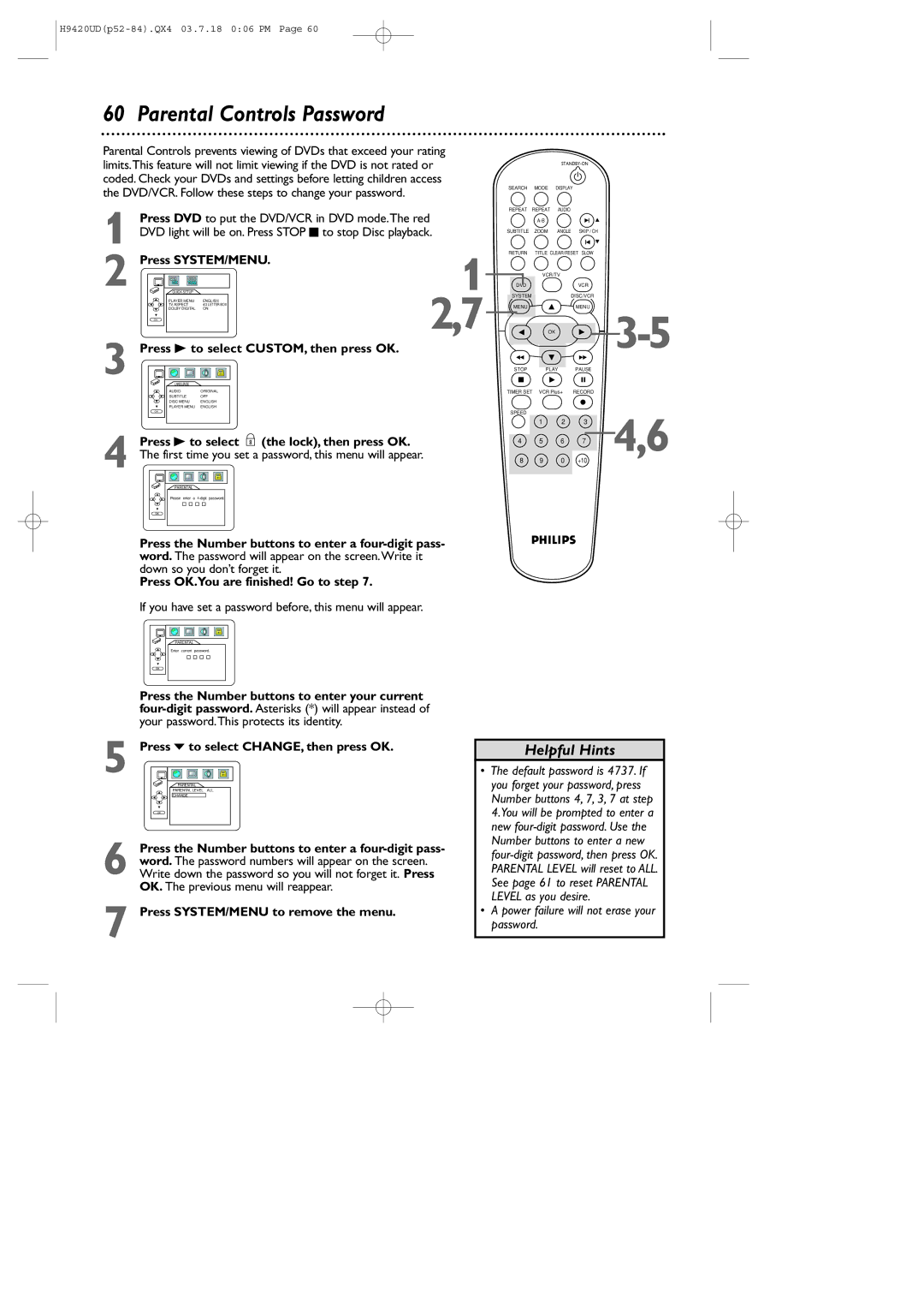 Philips DVD750VR/17 owner manual Parental Controls Password, Press SYSTEM/MENU, Press B to select CUSTOM, then press OK 