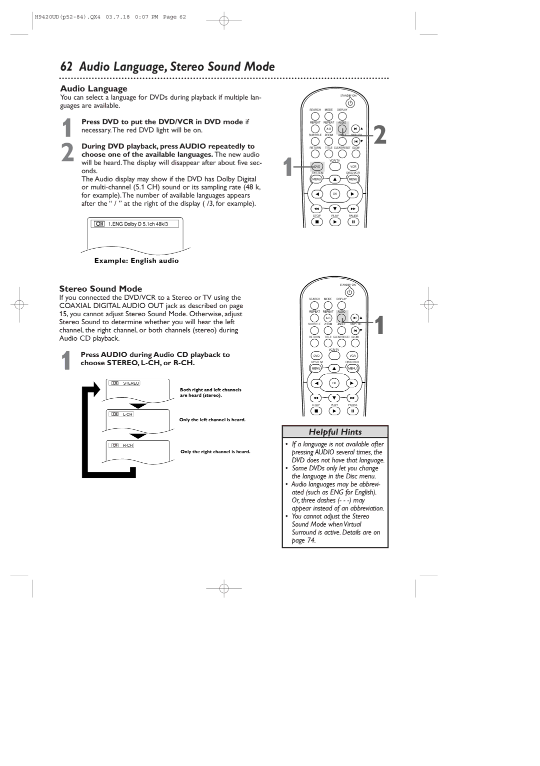 Philips DVD750VR/17 owner manual Audio Language, Stereo Sound Mode 