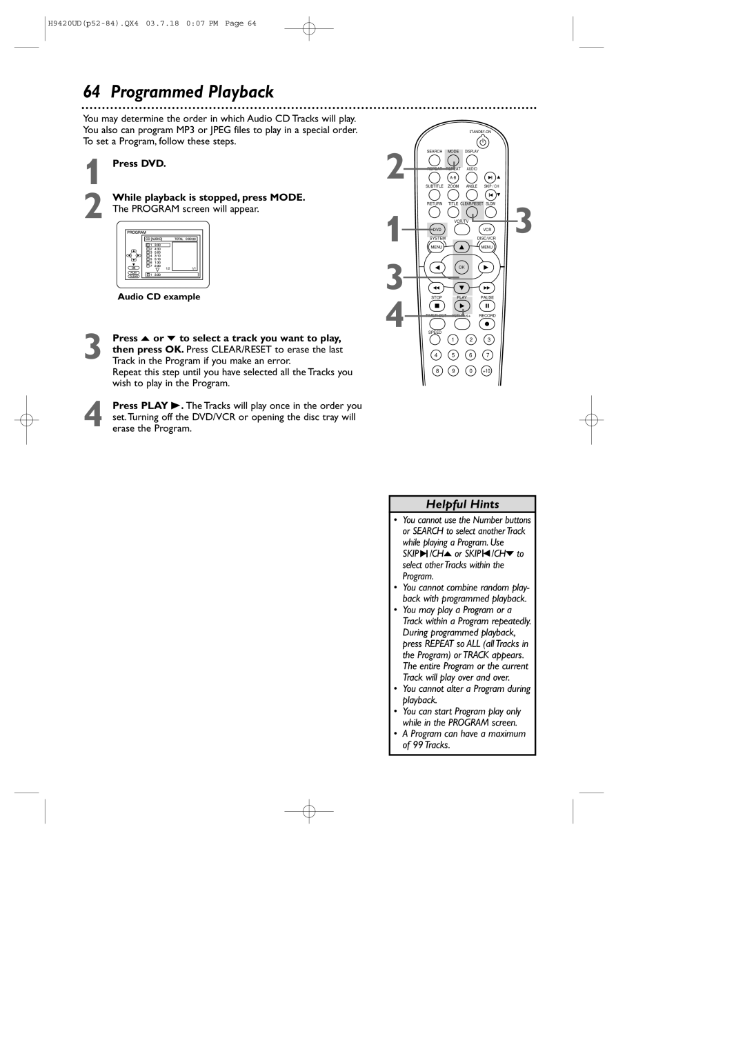 Philips DVD750VR/17 owner manual Programmed Playback, You cannot alter a Program during playback 