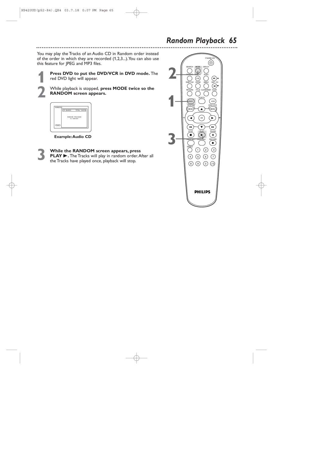 Philips DVD750VR/17 owner manual Random Playback, While playback is stopped, press Mode twice so, Random screen appears 