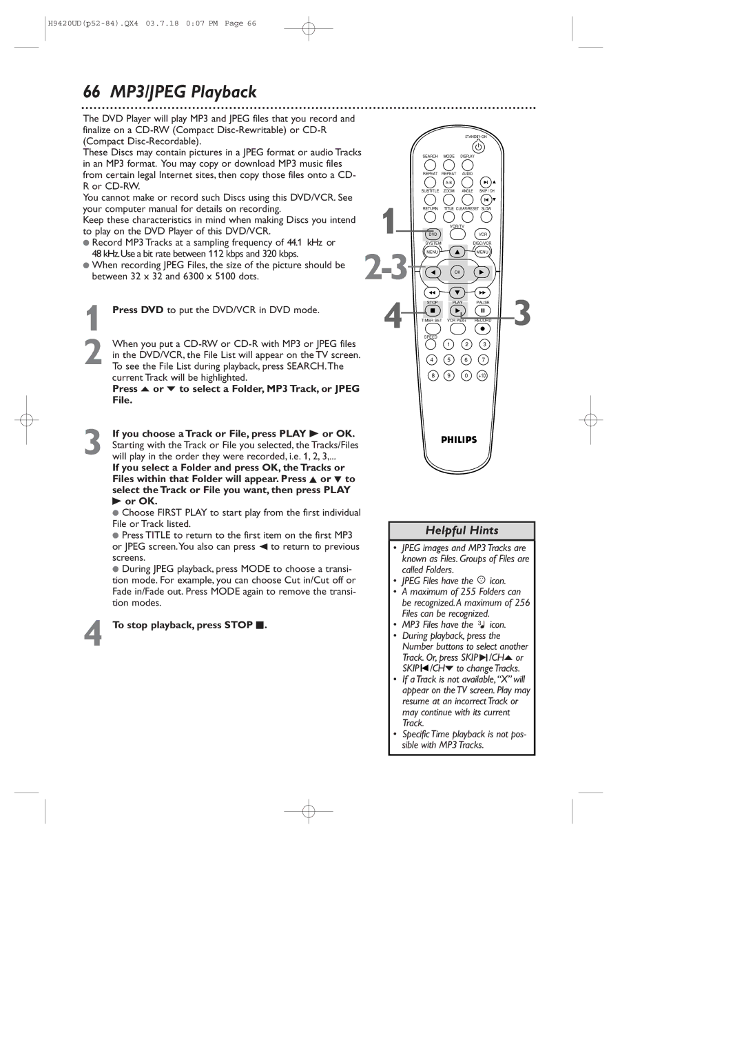 Philips DVD750VR/17 owner manual 66 MP3/JPEG Playback, Press o or p to select a Folder, MP3 Track, or Jpeg File, Or OK 