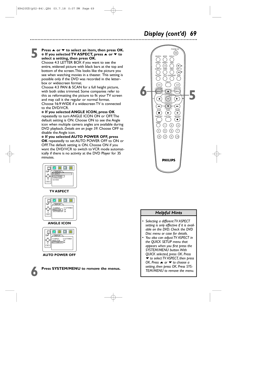 Philips DVD750VR/17 owner manual Display cont’d, Press SYSTEM/MENU to remove the menus 