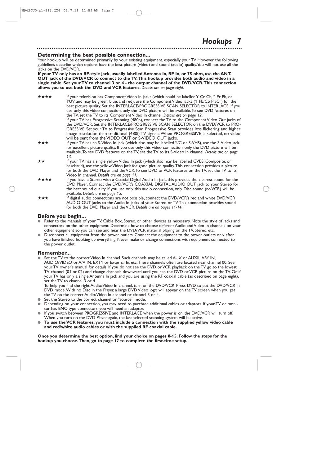 Philips DVD750VR/17 owner manual Hookups, Determining the best possible connection, Before you begin, Remember 