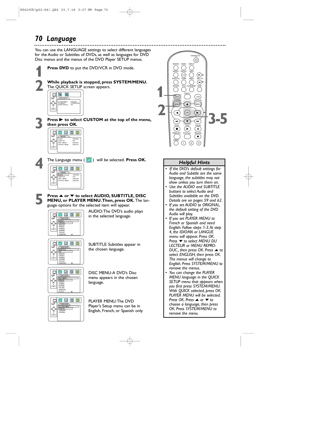 Philips DVD750VR/17 owner manual Language, While playback is stopped, press SYSTEM/MENU 