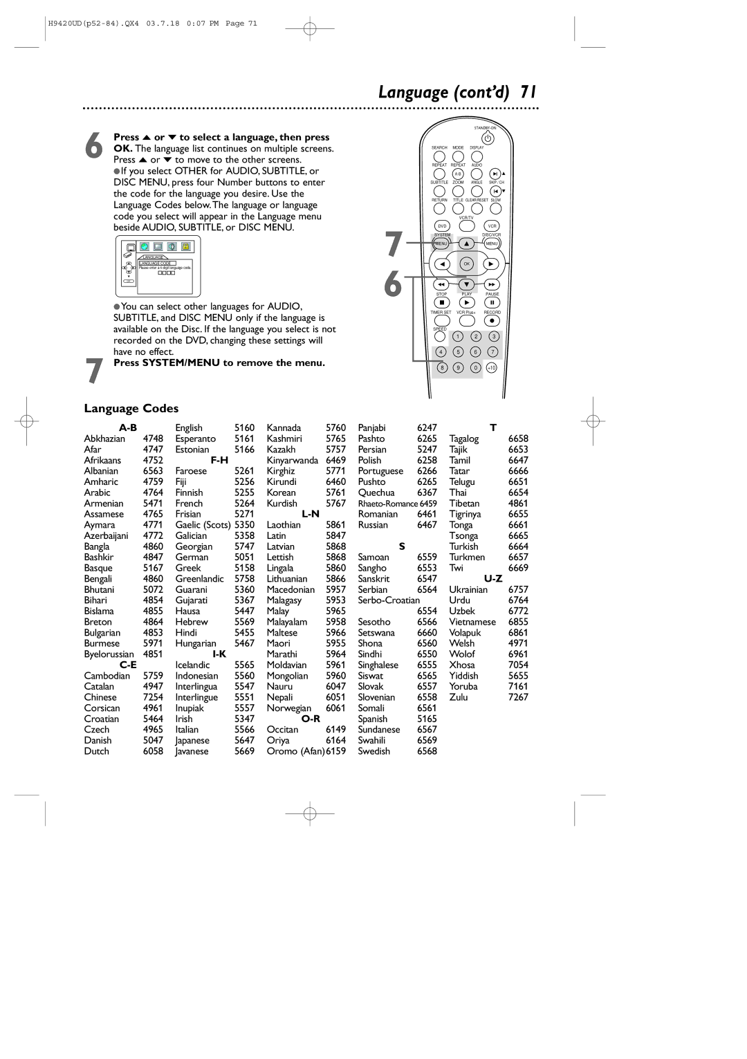 Philips DVD750VR/17 owner manual Language cont’d, Language Codes 