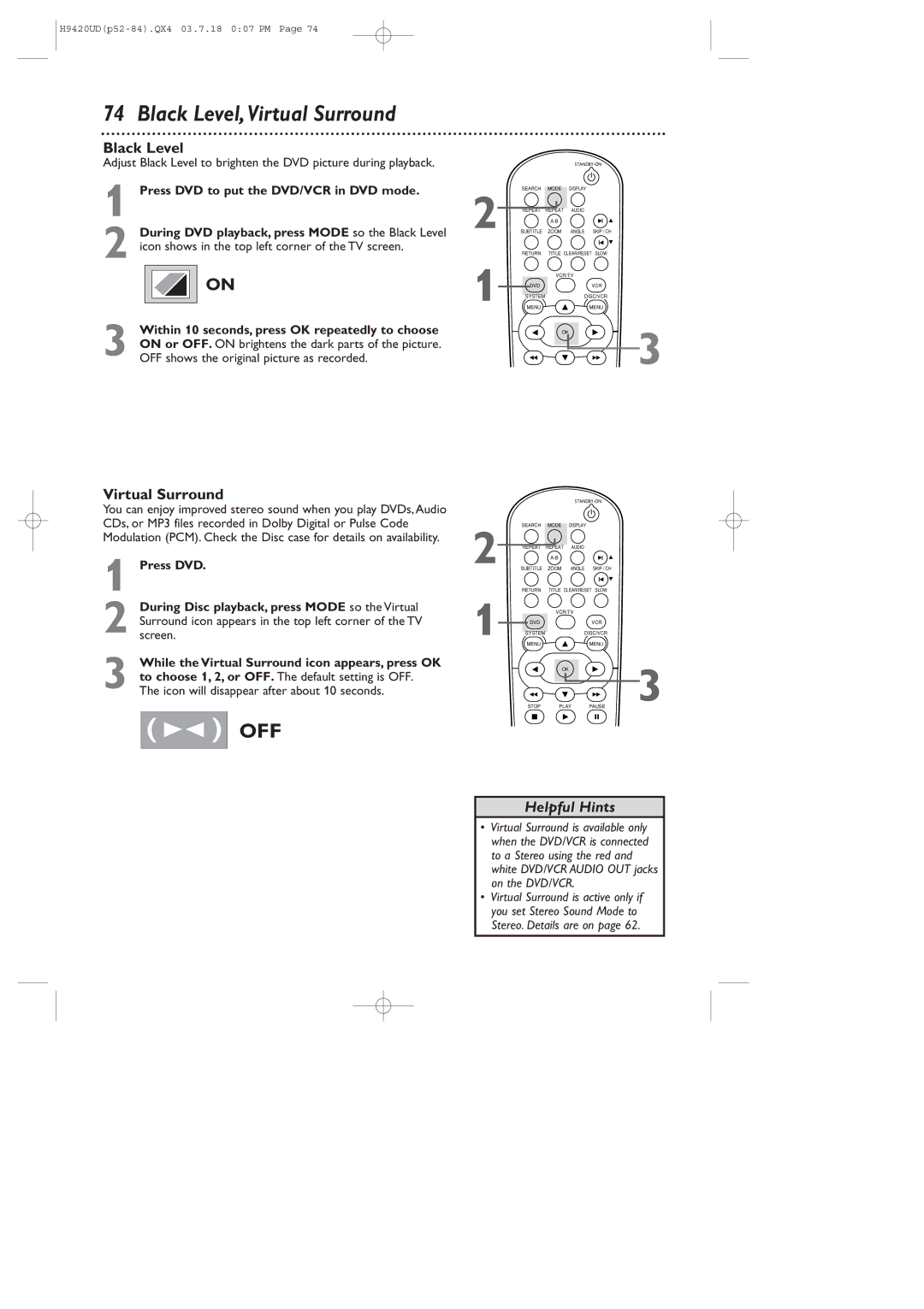 Philips DVD750VR/17 owner manual Black Level,Virtual Surround, Icon will disappear after about 10 seconds 